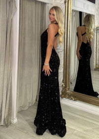 Black Sequin Prom Dress With Deep Neckline