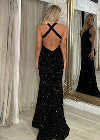 Black Sequin Prom Dress With Deep Neckline