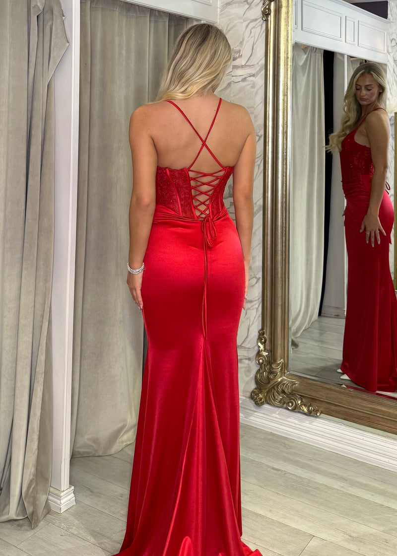 Red Fitted Prom Dress With Corset Detail