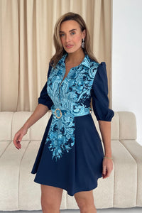 “Holland” Mini Dress In Navy Paisley Print