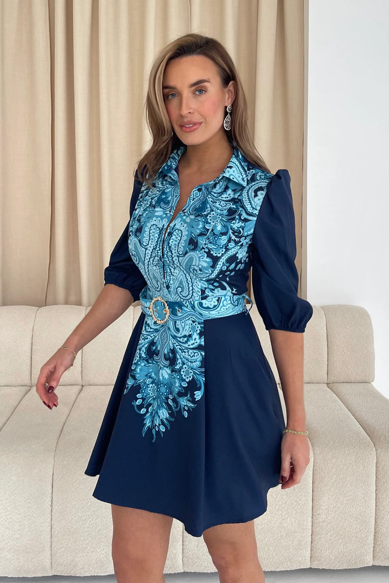 “Holland” Mini Dress In Navy Paisley Print