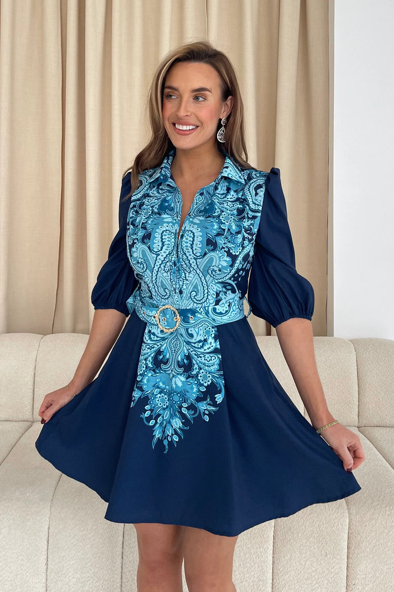 “Holland” Mini Dress In Navy Paisley Print