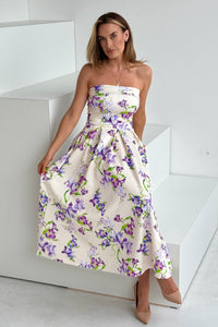 “Danni” Dress In With Lilac Floral Print With Pale Yellow Background