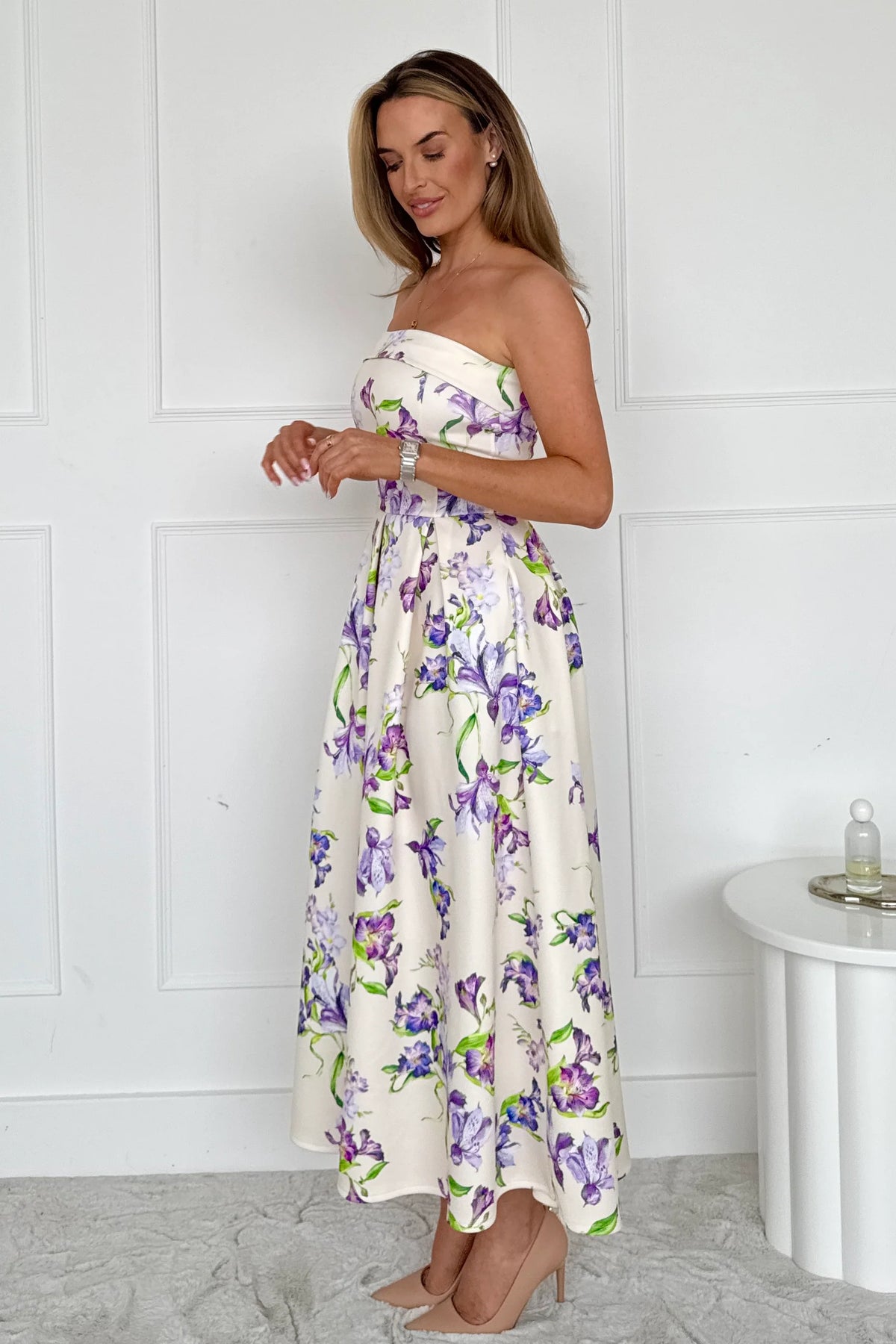“Danni” Dress In With Lilac Floral Print With Pale Yellow Background