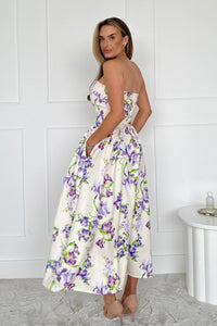 “Danni” Dress In With Lilac Floral Print With Pale Yellow Background