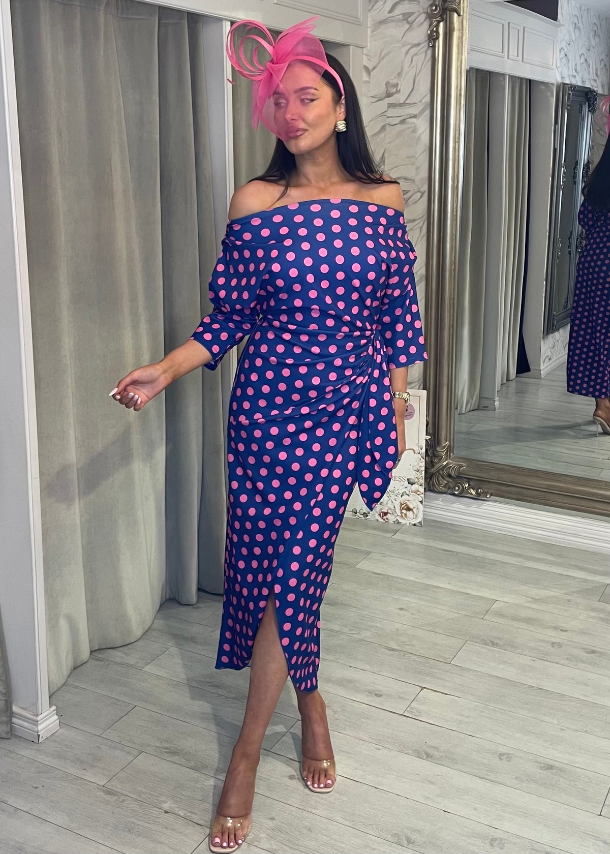 "Elsa" Dress In Blue & Pink Polka Dot