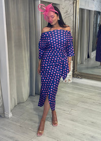 "Elsa" Dress In Blue & Pink Polka Dot