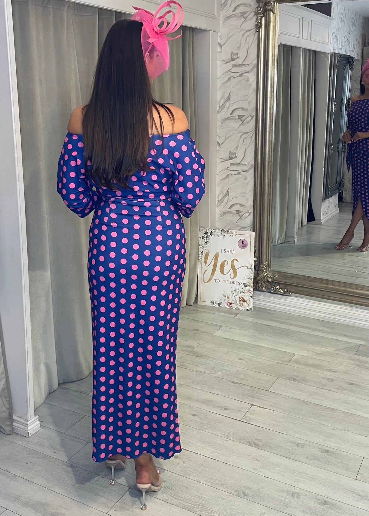 "Elsa" Dress In Blue & Pink Polka Dot