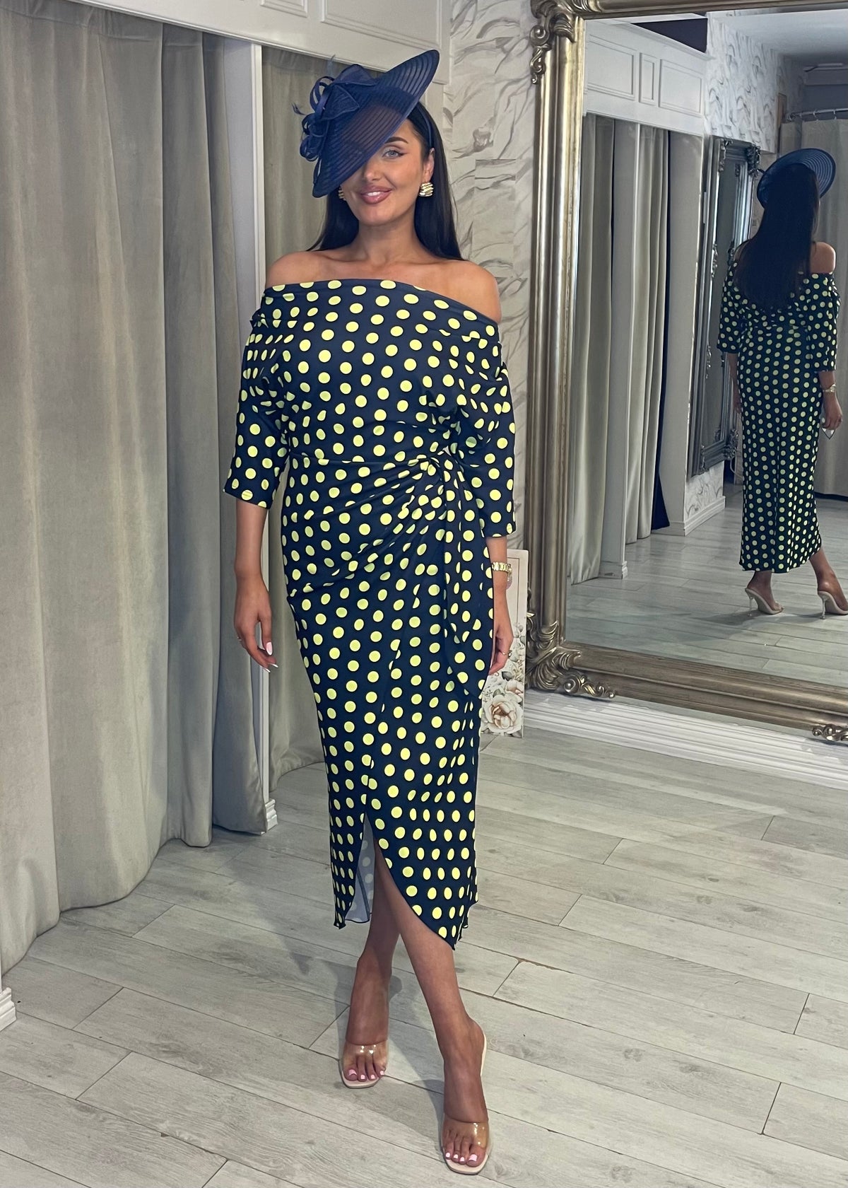 "Fidelma" Dress In Navy & Lime Polka Dot