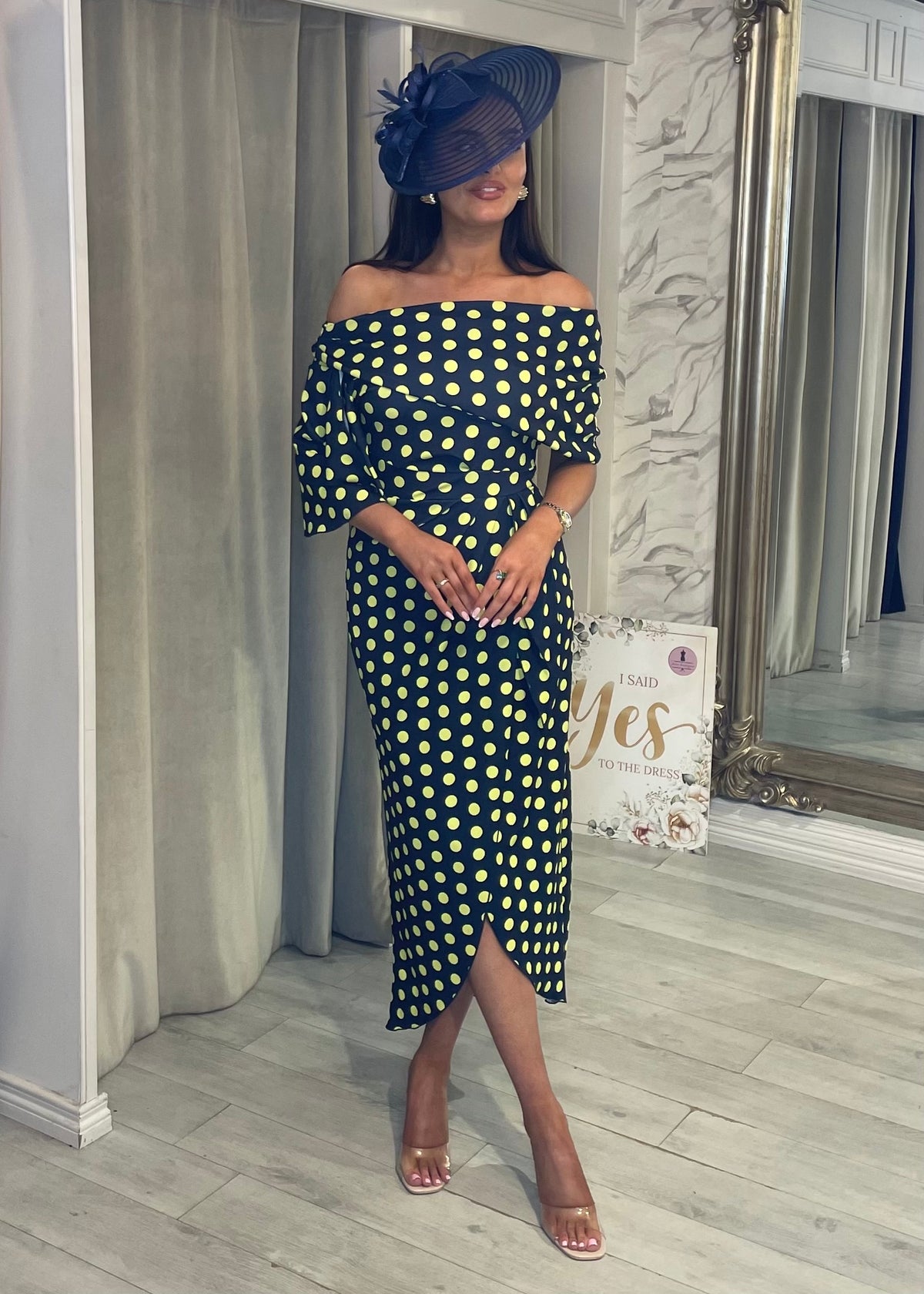 "Fidelma" Dress In Navy & Lime Polka Dot