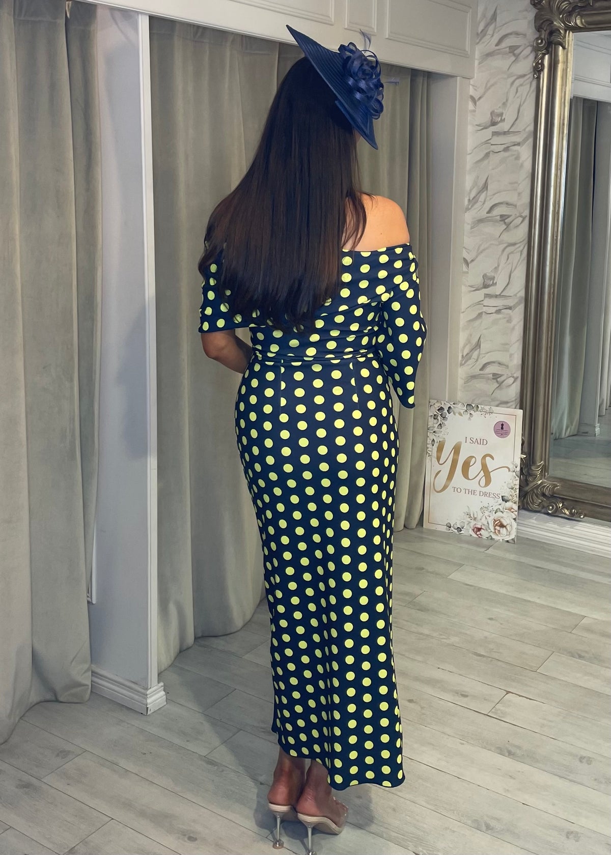 "Fidelma" Dress In Navy & Lime Polka Dot