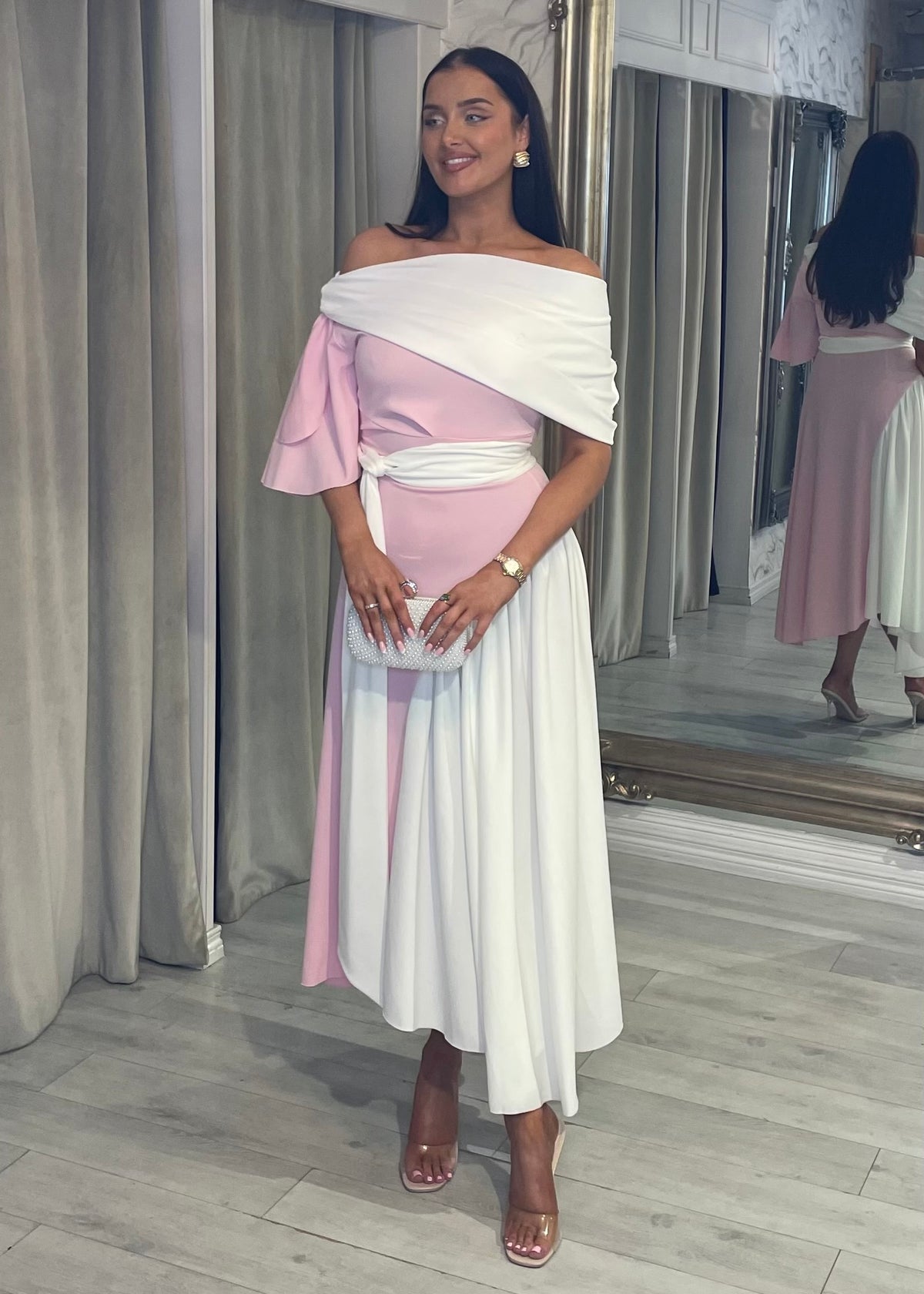 ”Francesca” Dress In Baby Pink & White