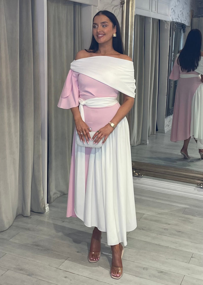 ”Francesca” Dress In Baby Pink & White