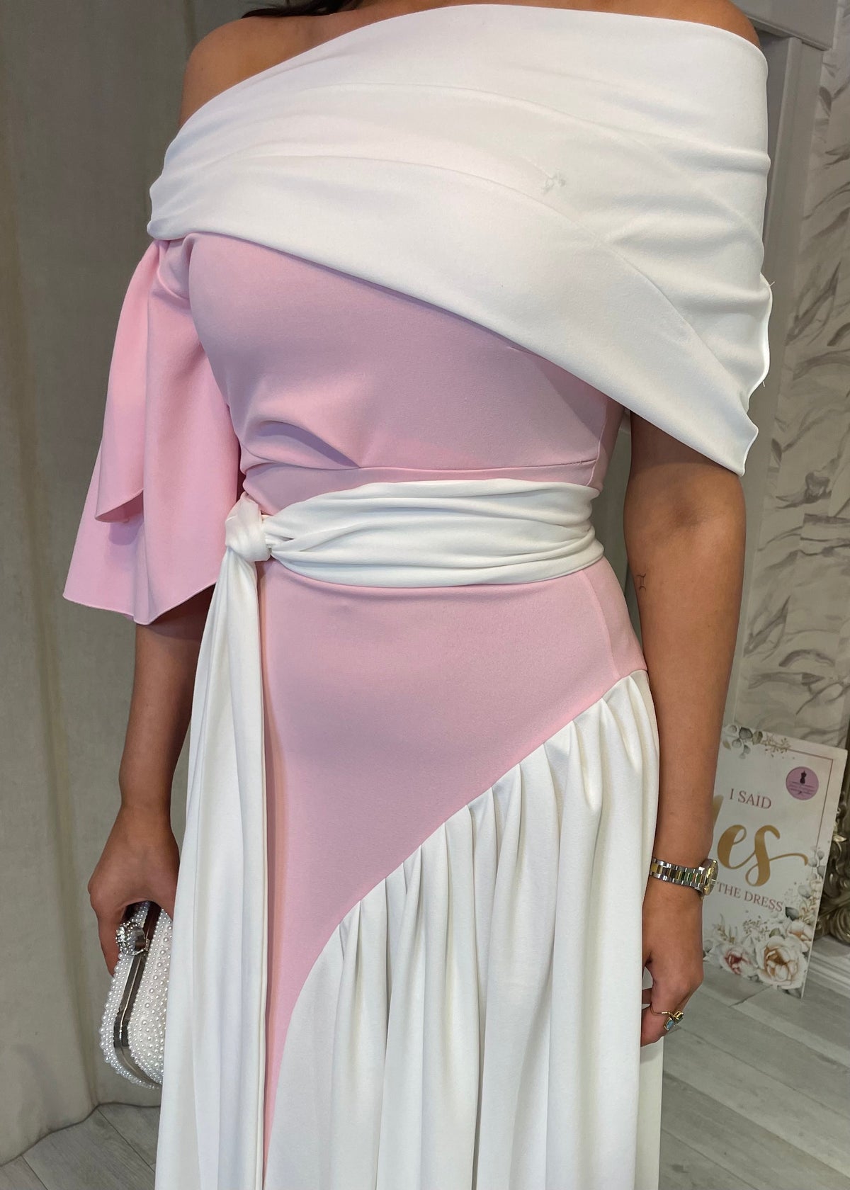 ”Francesca” Dress In Baby Pink & White