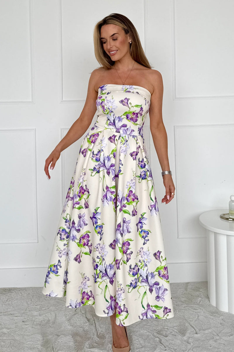 “Danni” Dress In With Lilac Floral Print With Pale Yellow Background