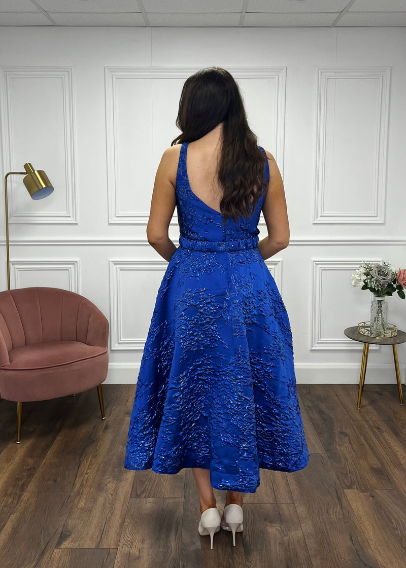 “Aria” Dress In Royal Blue Jaquard