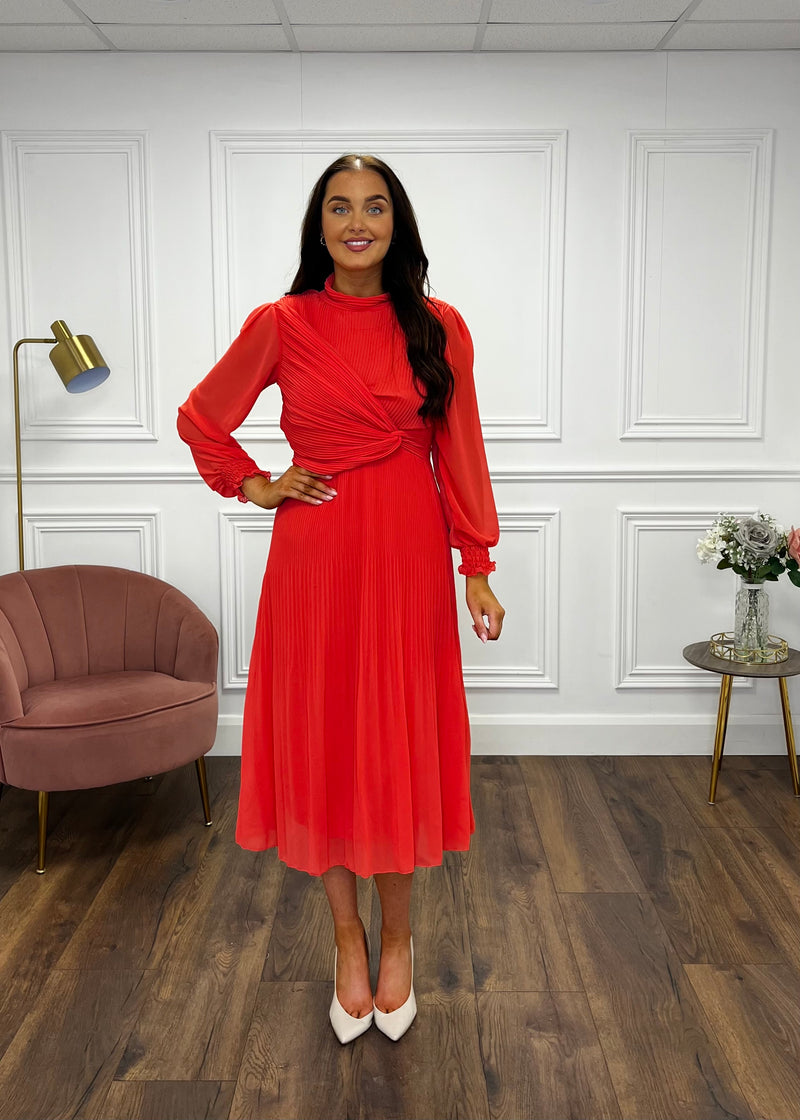 “Sophie” Pleated Dress In Coral