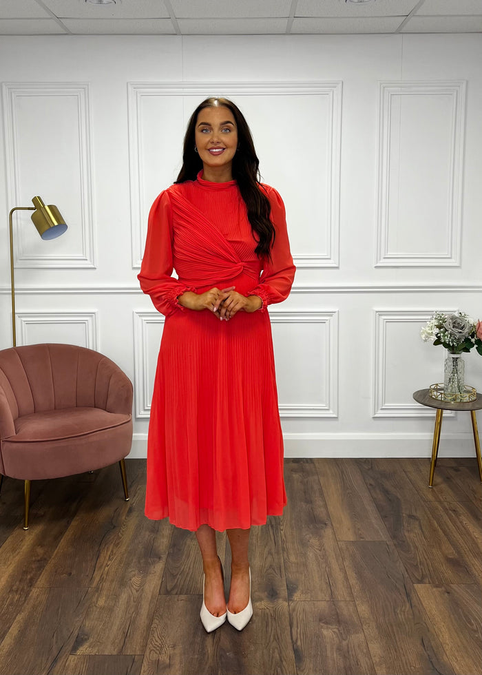 “Sophie” Pleated Dress In Coral