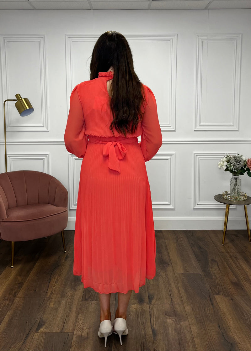 “Sophie” Pleated Dress In Coral