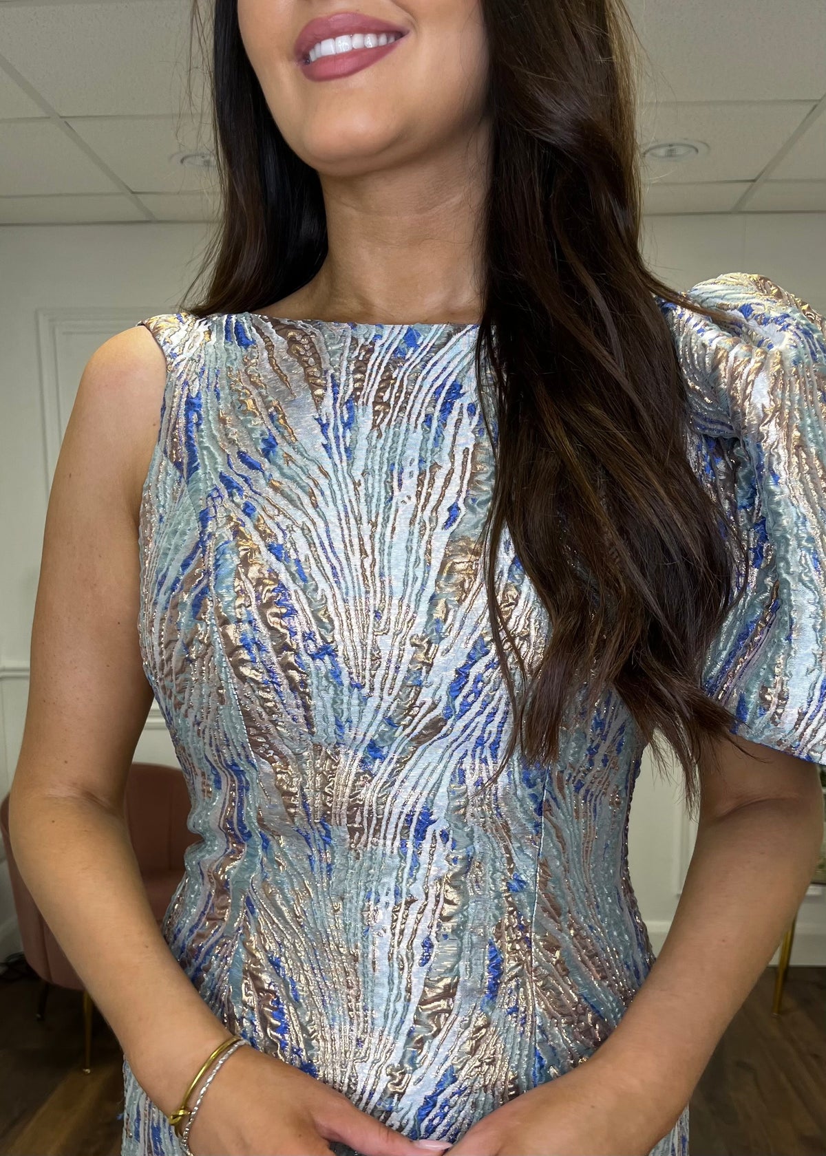 “Everly” Dress In Blue And Gold Jaquard