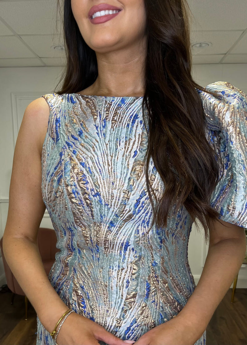 “Everly” Dress In Blue And Gold Jaquard