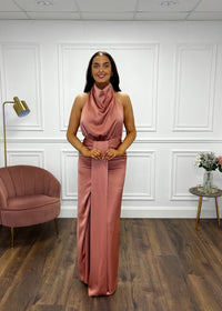 Blush Satin Halter Neck Dress With Open Back
