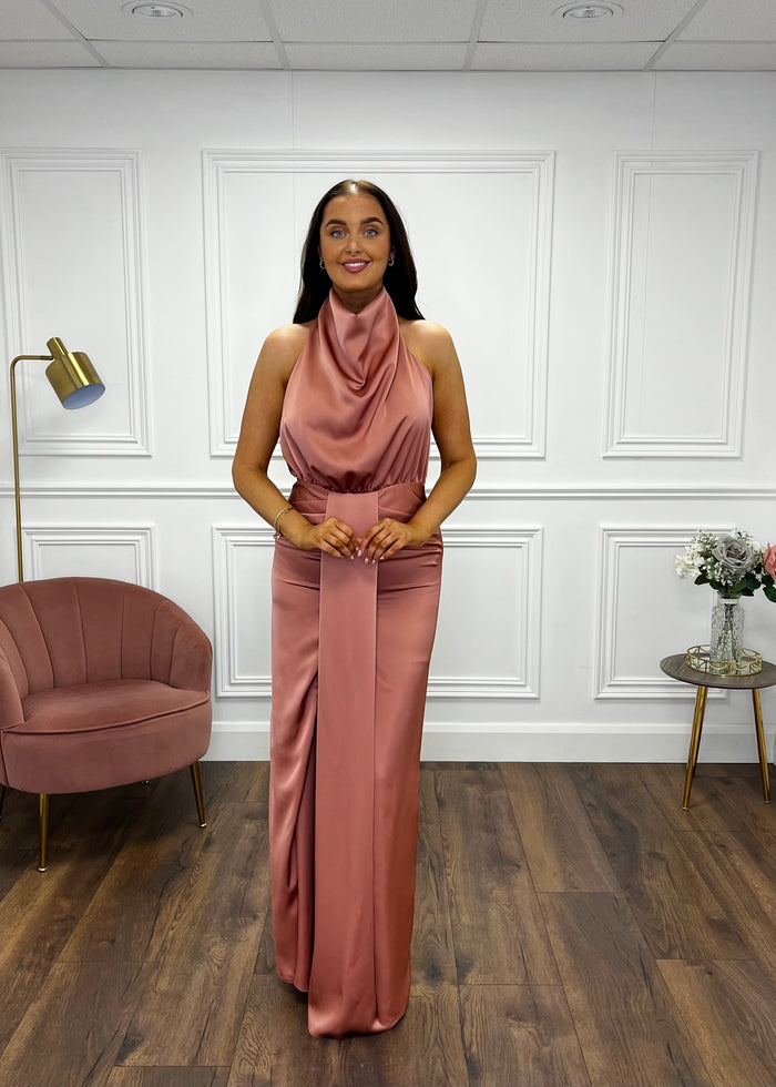 Blush Satin Halter Neck Dress With Open Back