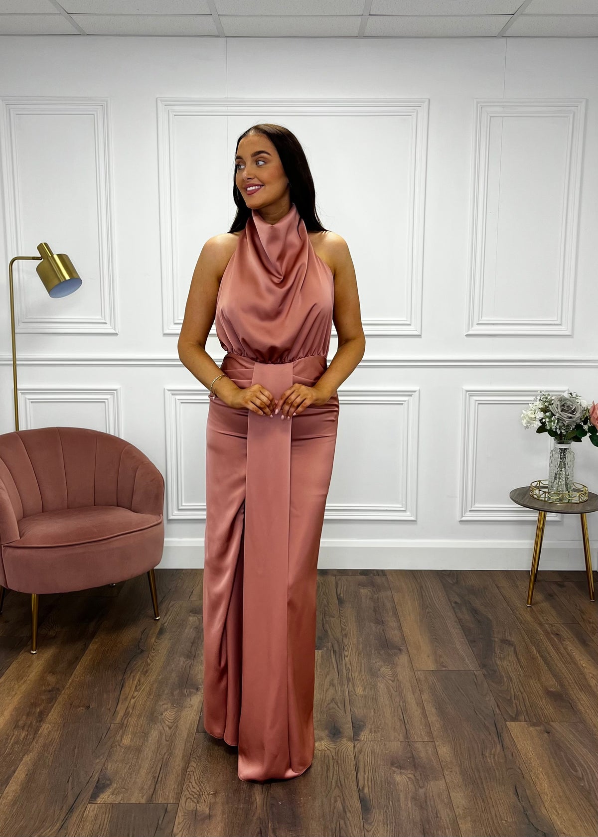 Blush Satin Halter Neck Dress With Open Back