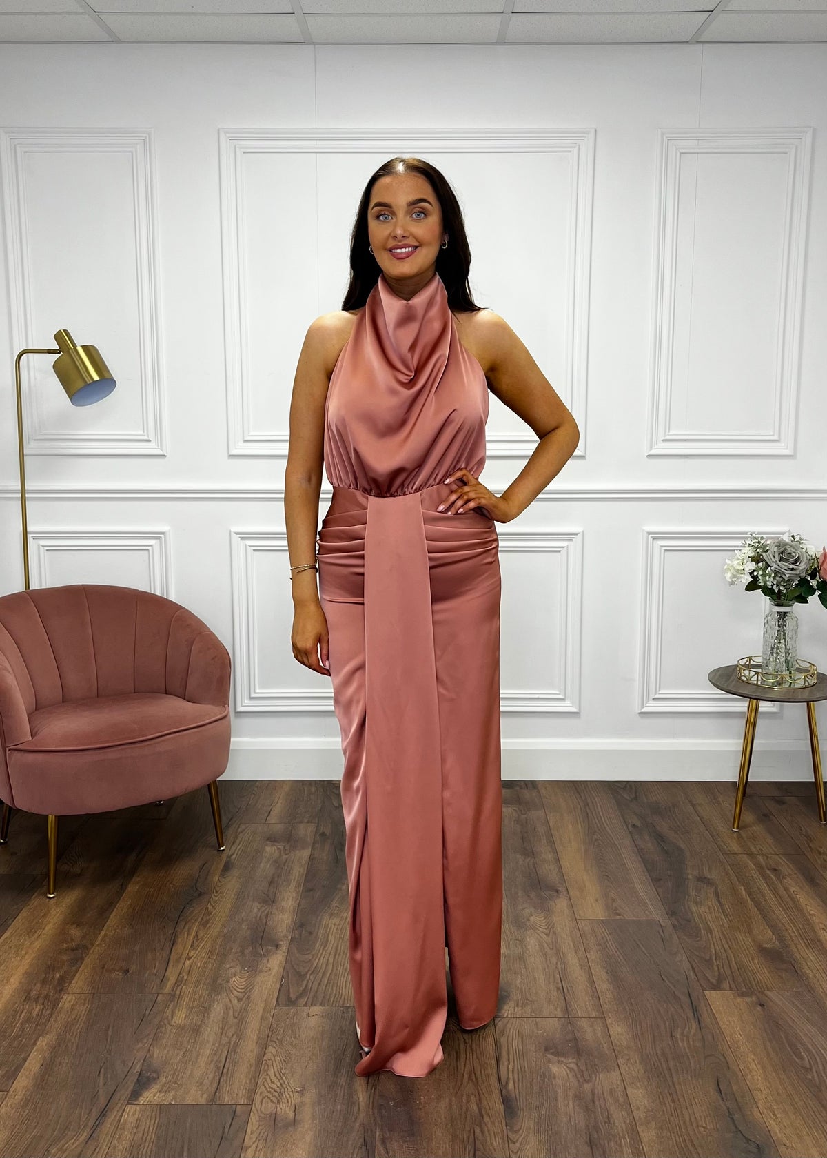 Blush Satin Halter Neck Dress With Open Back