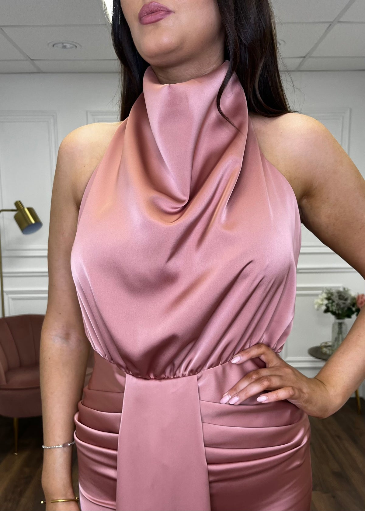 Blush Satin Halter Neck Dress With Open Back