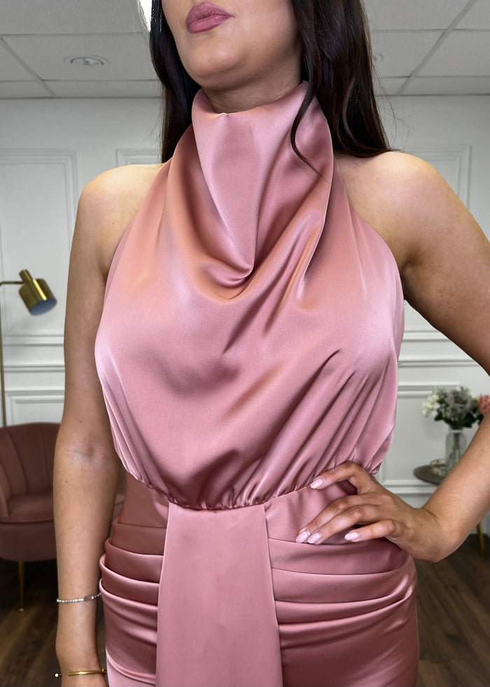 Blush Satin Halter Neck Dress With Open Back