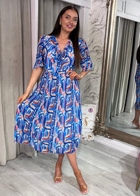 Royal Blue And Red Print Cowl Neck Pleated Dress