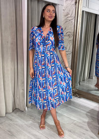Royal Blue And Red Print Cowl Neck Pleated Dress