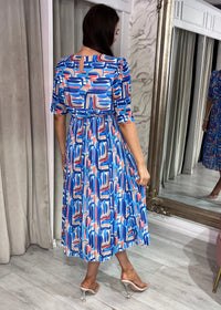 Royal Blue And Red Print Cowl Neck Pleated Dress