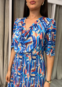 Royal Blue And Red Print Cowl Neck Pleated Dress