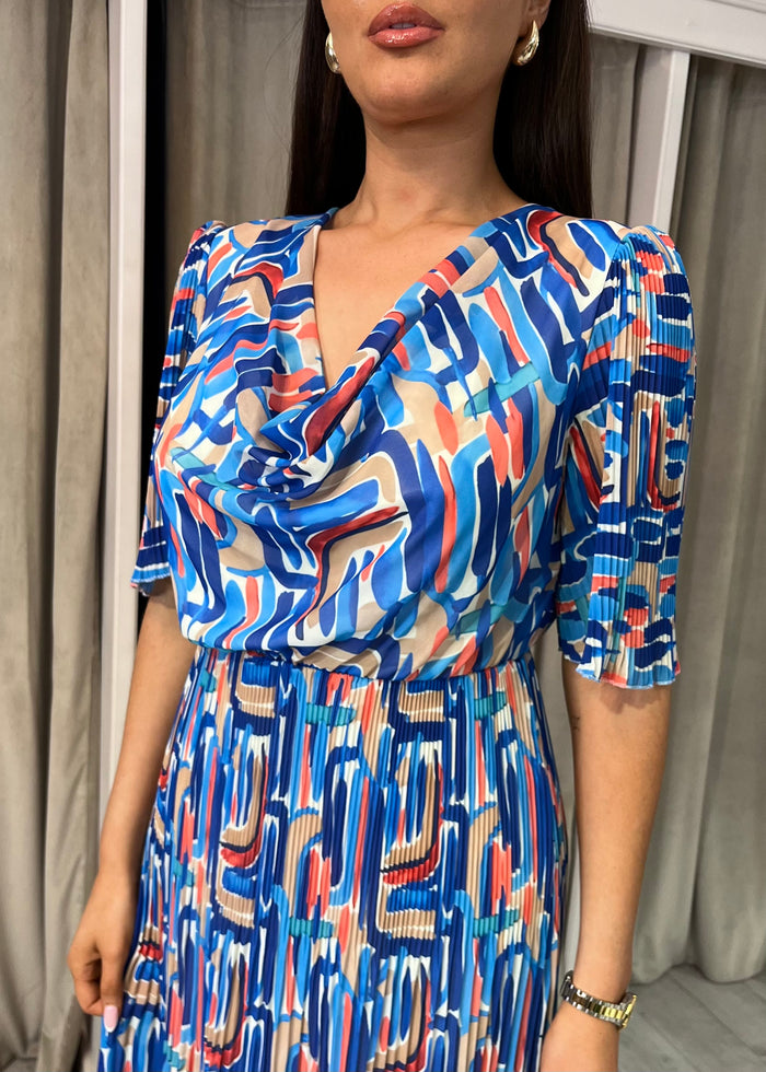 Royal Blue And Red Print Cowl Neck Pleated Dress
