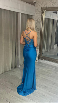Blue Fitted Prom Dress With Corset Detail